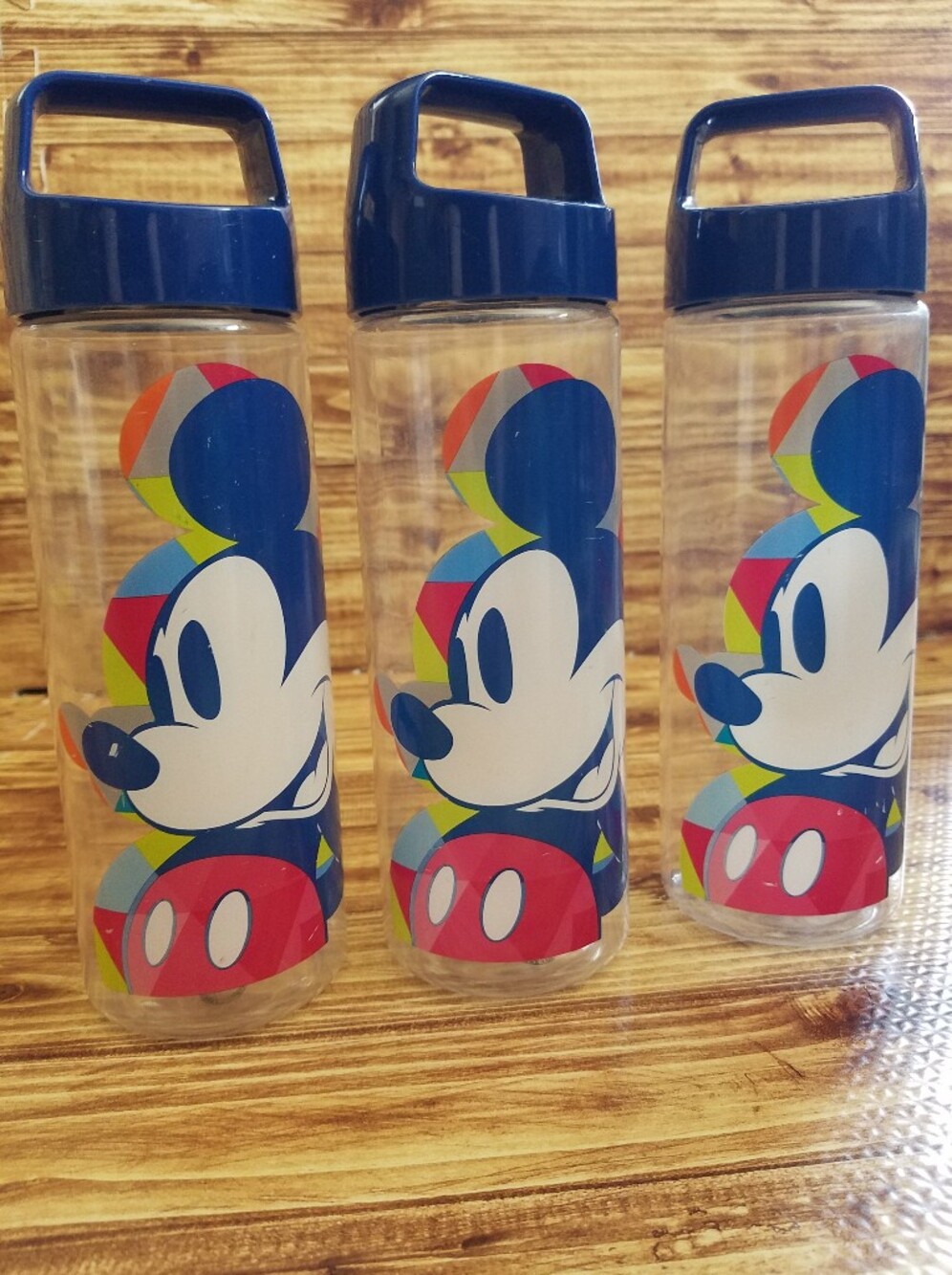 Disney Store Mickey Mouse Clear Plastic Water Bottles Blue Lids, Set of 3